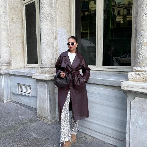 Jackets & Blazers - Burgundy Plato Faux Leather Buckle Trench Coat